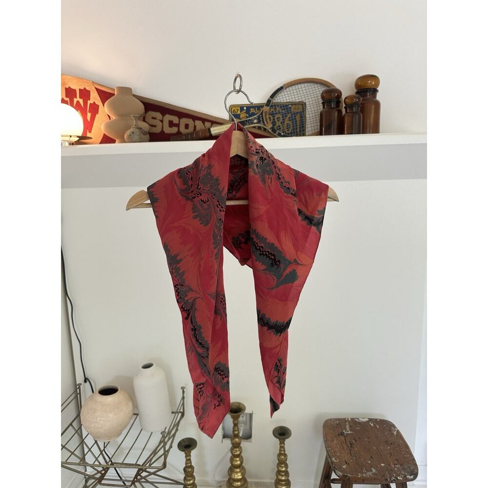 Vintage Red Marbled Silk Scarf 35.5 x 34